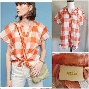 Anthro Maeve‎ Gingham Flutter Top Small